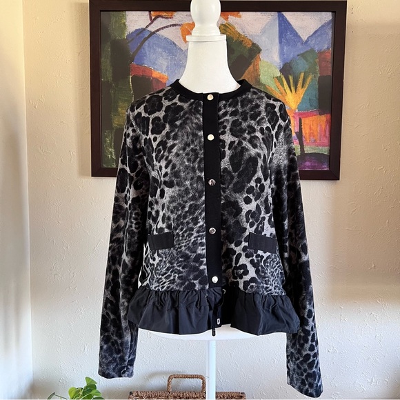 Gray Black Animal Print Cardigan Sweater Size 10
